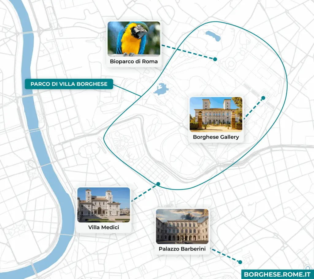 Map highlighting Villa Borghese attractions in Rome