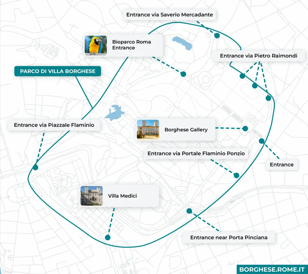 Map of Villa Borghese entrances and attractions
